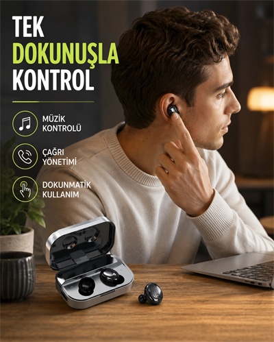 Kablosuz Kulak İçi Bluetooth Kulaklık – Dokunmatik Kontrol ve LED Şarj Ekranı