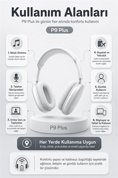 Kablosuz Kulak Üstü Bluetooth Kulaklık Katlanabilir Tasarım Uzun Süreli Kullanım