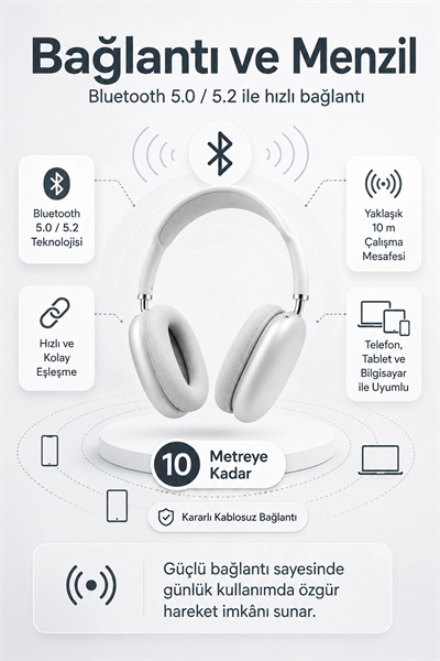 Kablosuz Kulak Üstü Bluetooth Kulaklık Katlanabilir Tasarım Uzun Süreli Kullanım