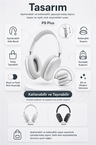 Kablosuz Kulak Üstü Bluetooth Kulaklık Katlanabilir Tasarım Uzun Süreli Kullanım
