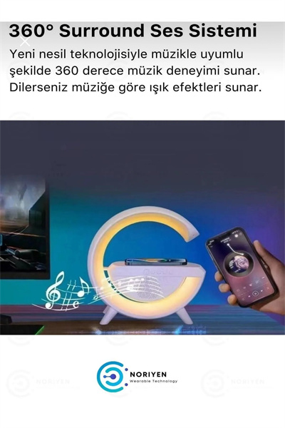 Kablosuz Masaüstü Hoparlör, Çalar Saat ve Radyo Alarm Özellikli Şarj Standı, Beyaz Renk