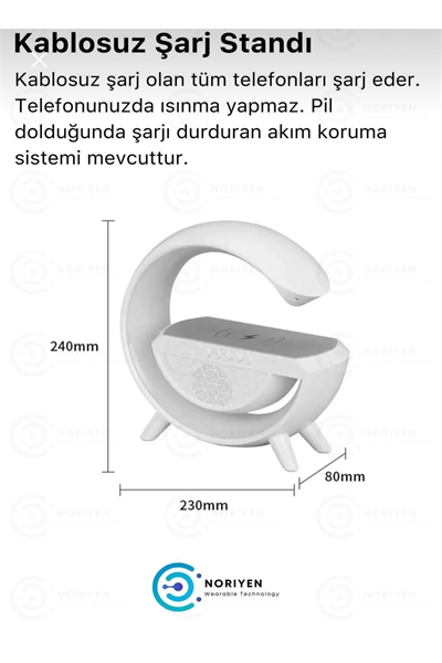 Kablosuz Masaüstü Hoparlör, Çalar Saat ve Radyo Alarm Özellikli Şarj Standı, Beyaz Renk