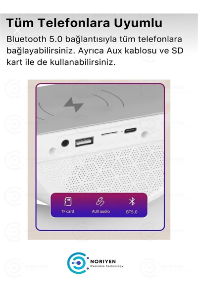 Kablosuz Masaüstü Hoparlör, Çalar Saat ve Radyo Alarm Özellikli Şarj Standı, Beyaz Renk