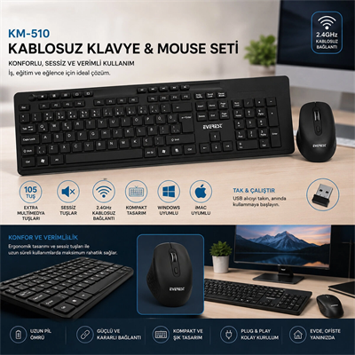Kablosuz Multimedia Klavye - Mouse Seti Siyah Q Klavye Km-510 Bx40