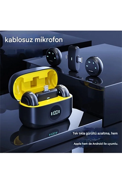 Kablosuz Profesyonel İkili Yayın Yaka Mikrofonu Şarj Kutu Mıknatıslı Typce Lightning Çıkış Mikrofon