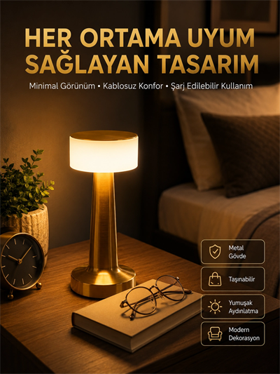 Kablosuz Renkli Masa ve Gece Lambası Altın Rengi Dokunmatik Led Lamba