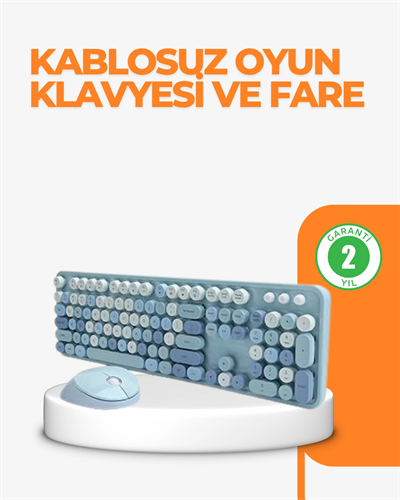 Kablosuz Retro Klavye ve Mouse Seti – 104 Tuşlu Sevimli Tasarım