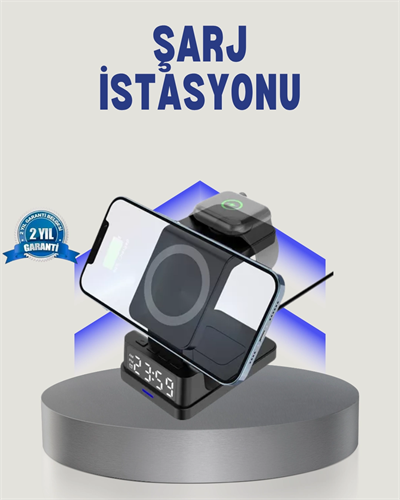 Kablosuz Şarj Cihazı ve Dijital Saat 4’ü 1 Arada Hızlı Şarj, LED Işıklı Tasarım