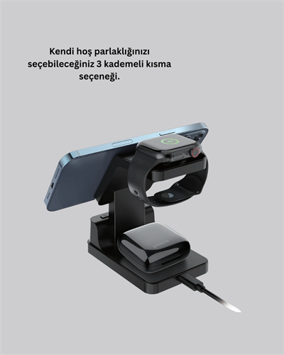 Kablosuz Şarj Cihazı ve Dijital Saat 4’ü 1 Arada Hızlı Şarj, LED Işıklı Tasarım