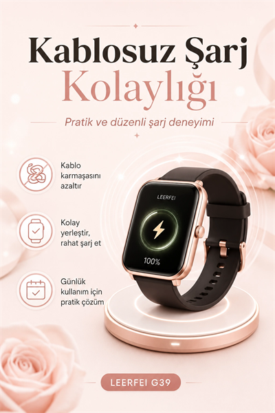 Kablosuz Şarj Destekli Rose Gold Akıllı Saat Dokunmatik Ekranlı Spor Takipli Model