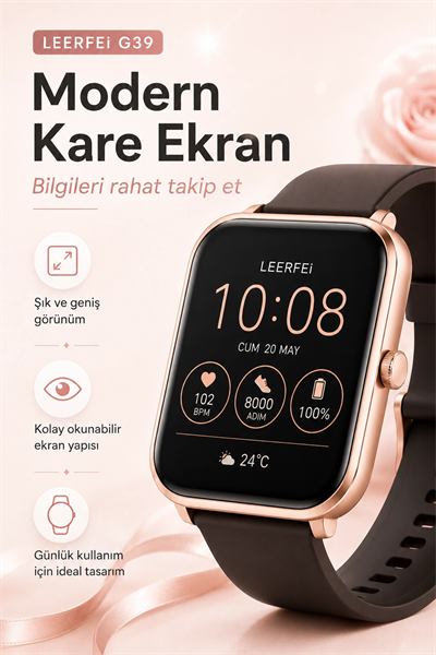 Kablosuz Şarj Destekli Rose Gold Akıllı Saat Dokunmatik Ekranlı Spor Takipli Model