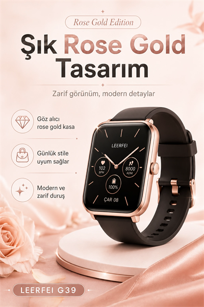 Kablosuz Şarj Destekli Rose Gold Akıllı Saat Dokunmatik Ekranlı Spor Takipli Model