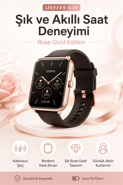 Kablosuz Şarj Destekli Rose Gold Akıllı Saat Dokunmatik Ekranlı Spor Takipli Model