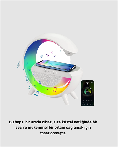 Kablosuz Şarjlı Bluetooth Hoparlör ve Gece Lambası – NFC, FM Radyo, RGB Işık