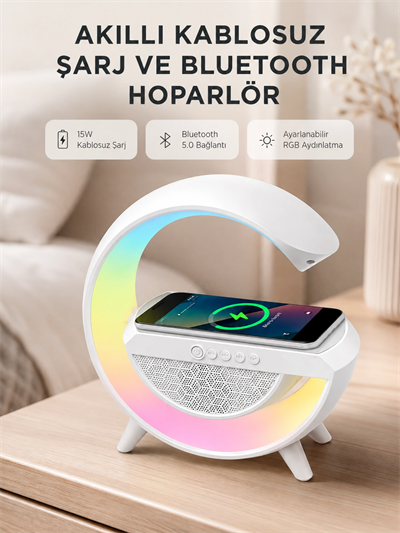 Kablosuz Şarjlı Bluetooth Hoparlör ve Gece Lambası – NFC, FM Radyo, RGB Işık