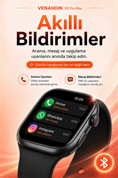 Kablosuz Şarjlı Dokunmatik Ekran Akıllı Saat Arama ve Mesaj Bildirim Destekli