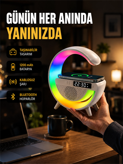 Kablosuz Şarjlı LED Masa Lambası Çalar Saat ve Beyaz Gürültü Özellikli