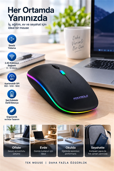Kablosuz Şarjlı Sessiz Tıklamalı Ergonomik Mouse
