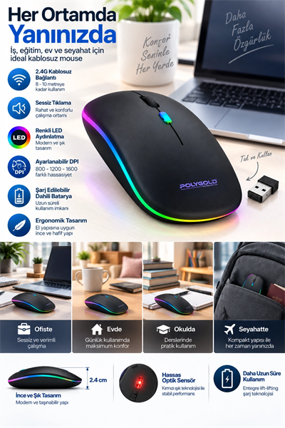 Kablosuz Şarjlı Sessiz Tıklamalı Ergonomik Mouse