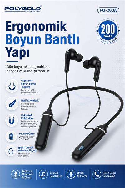 Kablosuz Stereo Spor Boyun Askılı Kulaklık 200 Saat Müzik Süreli Mikrofonlu