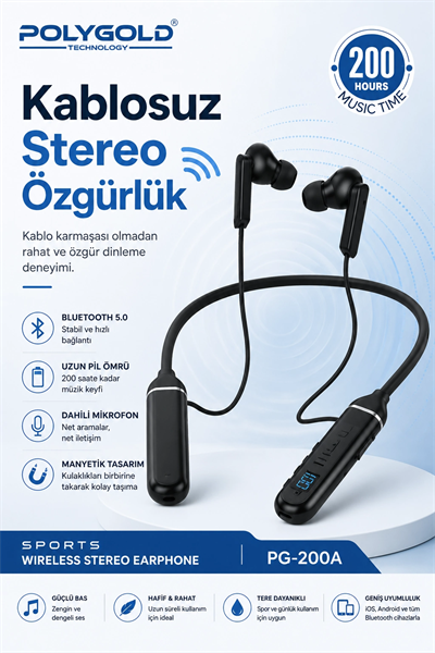 Kablosuz Stereo Spor Boyun Askılı Kulaklık 200 Saat Müzik Süreli Mikrofonlu