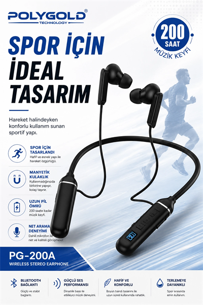 Kablosuz Stereo Spor Boyun Askılı Kulaklık 200 Saat Müzik Süreli Mikrofonlu
