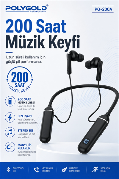 Kablosuz Stereo Spor Boyun Askılı Kulaklık 200 Saat Müzik Süreli Mikrofonlu