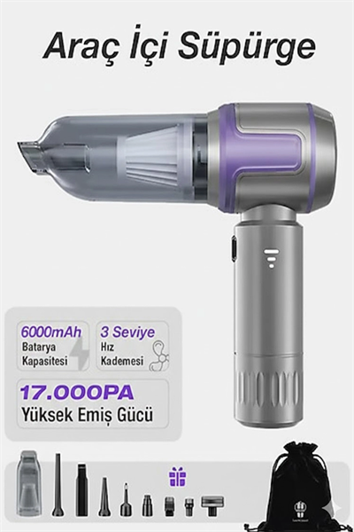 Kablosuz Taşınabilir Araç İçi El Süpürgesi 17000pa Güçlü Vakum 4’ü 1 Arada Çok Amaçlı Temizlik