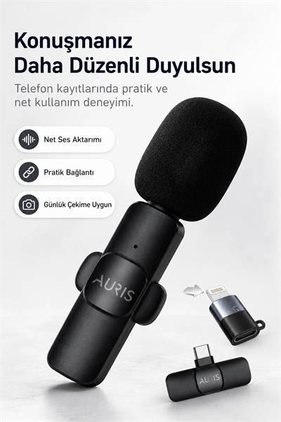 Kablosuz Yaka Mikrofonu Telefon İçin USB-C Lightning Adaptörlü Kompakt Kayıt Cihazı