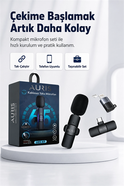 Kablosuz Yaka Mikrofonu Telefon İçin USB-C Lightning Adaptörlü Kompakt Kayıt Cihazı
