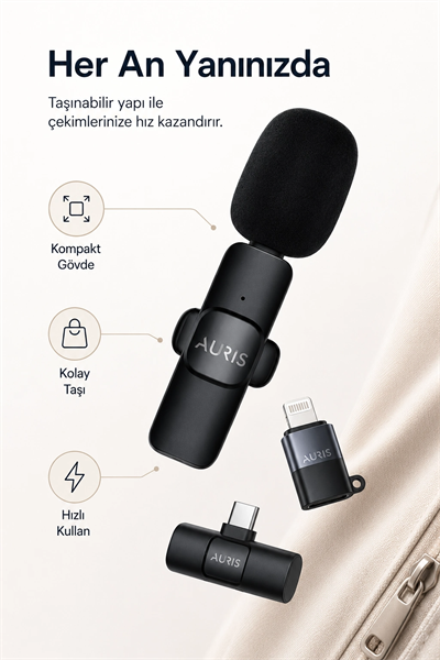 Kablosuz Yaka Mikrofonu Telefon İçin USB-C Lightning Adaptörlü Kompakt Kayıt Cihazı