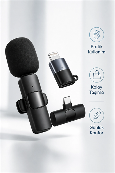 Kablosuz Yaka Mikrofonu Type-C ve Lightning Uyumlu Şarjlı Klipsli Ses Kayıt Mikrofonu