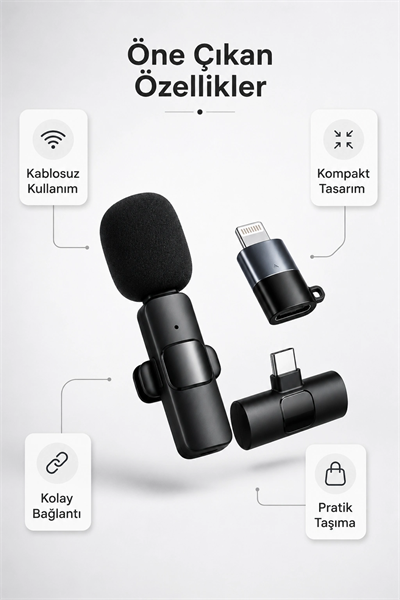 Kablosuz Yaka Mikrofonu Type-C ve Lightning Uyumlu Şarjlı Klipsli Ses Kayıt Mikrofonu