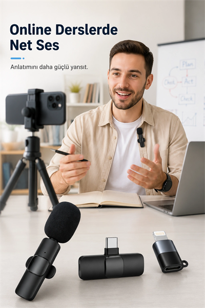 Kablosuz Yaka Mikrofonu USB-C Lightning Uyumlu Tak Çalıştır Telefon Video Ses Kayıt Seti