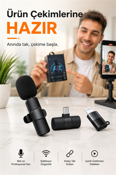 Kablosuz Yaka Mikrofonu USB-C Lightning Uyumlu Tak Çalıştır Telefon Video Ses Kayıt Seti