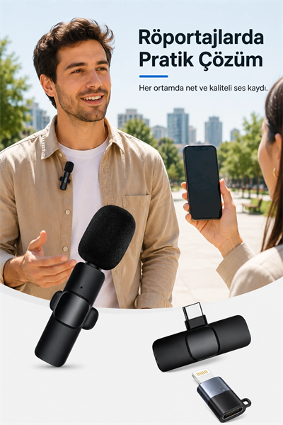 Kablosuz Yaka Mikrofonu USB-C Lightning Uyumlu Tak Çalıştır Telefon Video Ses Kayıt Seti