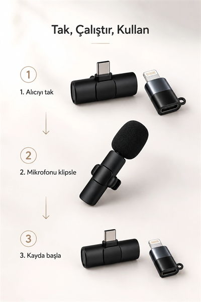 Kablosuz Yaka Mikrofonu USB-C ve Lightning Uyumlu Tak Çalıştır Telefon Kayıt Mikrofonu