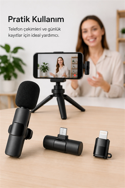 Kablosuz Yaka Mikrofonu USB-C ve Lightning Uyumlu Tak Çalıştır Telefon Kayıt Mikrofonu