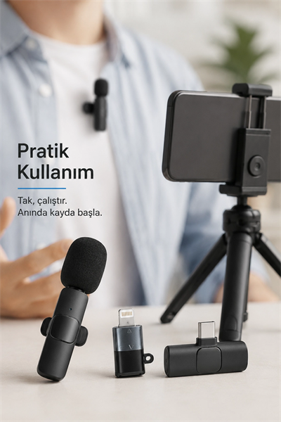 Kablosuz Yaka Mikrofonu USB-C ve Lightning Adaptörlü Telefon Uyumlu Kompakt Ses Kiti