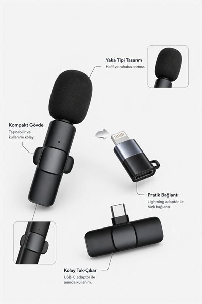 Kablosuz Yaka Mikrofonu USB-C ve Lightning Adaptörlü Telefon Uyumlu Kompakt Ses Kiti