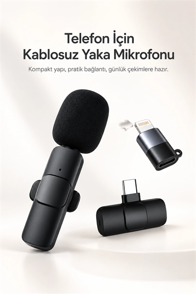 Kablosuz Yaka Mikrofonu USB-C ve Lightning Uyumlu Tak Çalıştır Telefon Kayıt Mikrofonu