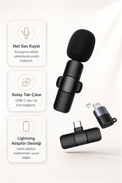 Kablosuz Yaka Mikrofonu USB-C ve Lightning Uyumlu Tak Çalıştır Telefon Kayıt Mikrofonu