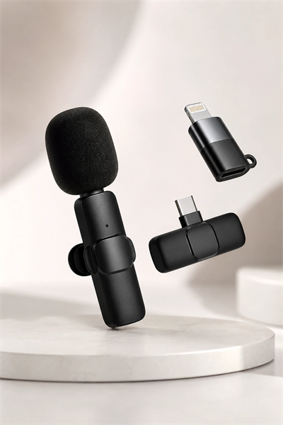 Kablosuz Yaka Mikrofonu USB-C ve Lightning Adaptörlü Telefon Uyumlu Kompakt Ses Kiti