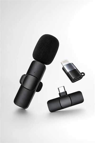 Kablosuz Yaka Mikrofonu USB-C ve Lightning Adaptörlü Telefon Uyumlu Kompakt Ses Kiti