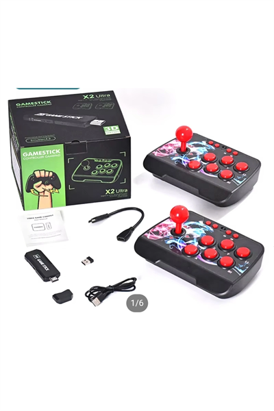 Kablosuz çift joystickli retro video oyun makinesi Bluetooth özellikli kırmızı renkli
