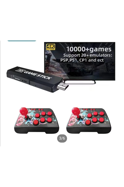 Kablosuz çift joystickli retro video oyun makinesi Bluetooth özellikli kırmızı renkli