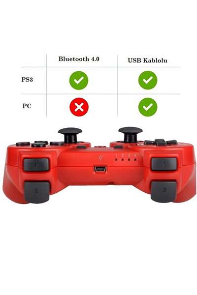 Kablosuz joystick kırmızı renk hızlı şarj özellikli Playstation 3 uyumlu 1 yıl garantili