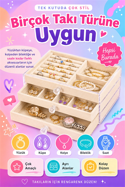 Kadife Kaplamalı Şeffaf Takı Kutusu Çekmeceli Saat Yüzük Kolye Organizeri