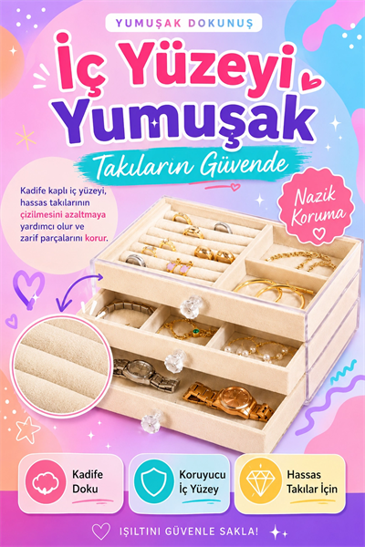 Kadife Kaplamalı Şeffaf Takı Kutusu Çekmeceli Saat Yüzük Kolye Organizeri