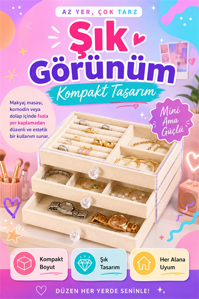 Kadife Kaplamalı Şeffaf Takı Kutusu Çekmeceli Saat Yüzük Kolye Organizeri
